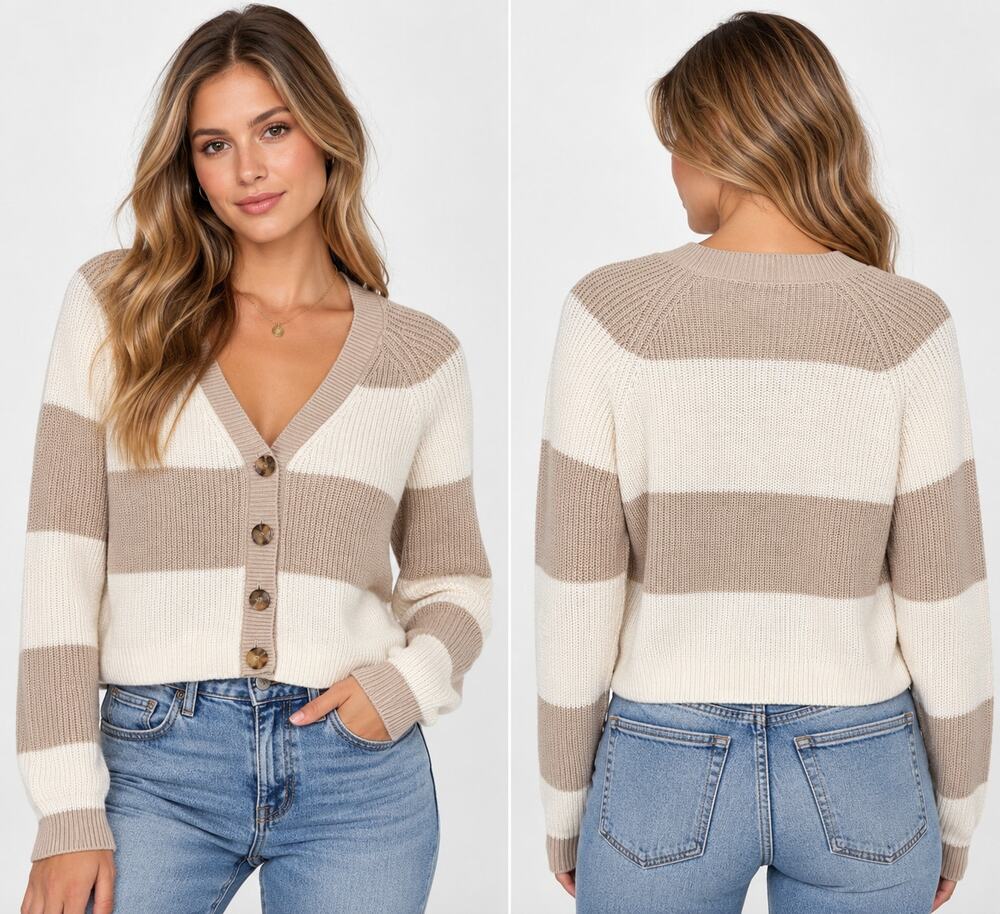 Hollister Striped Button Front Cardigan Sweater Women’s Small Beige Cream